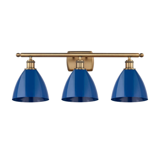 Innovations Plymouth 28in 3-Light Bath Vanity Light | Industrial Farmhouse Brushed Brass and Matte Blue Metal Shade | Model 516-3W-BB-MBD-75-BL-LED