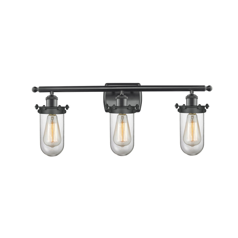 Innovations Kingsbury 24in 3-Light Bath Vanity | Industrial Matte Black Steel and Clear Glass | Damp Rated Bathroom Vanity | Model 516-3W-BK-CE231-CL
