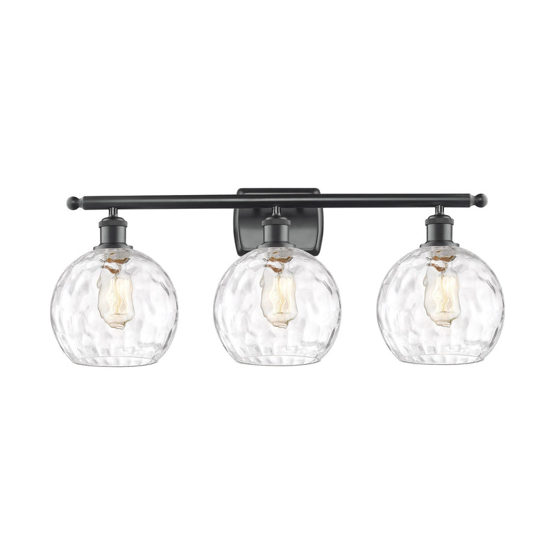 Innovations Athens Water Glass 28in 3-Light Bath Vanity | Industrial Modern Matte Black Steel and Clear Glass | Bathroom | Model 516-3W-BK-G1215-8-LED