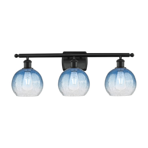 Innovations Brookhaven Globe 28in 3-Light Bath Vanity | Industrial Matte Black Steel and Sapphire Blue Glass | Bathroom Vanity | Model 516-3W-BK-G483-8SB