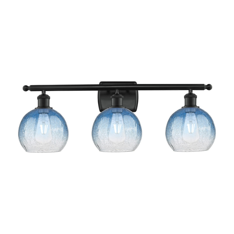 Innovations Brookhaven Globe 28in 3-Light Bath Vanity | Industrial Matte Black Steel and Sapphire Blue Glass | Bathroom Vanity | Model 516-3W-BK-G483-8SB