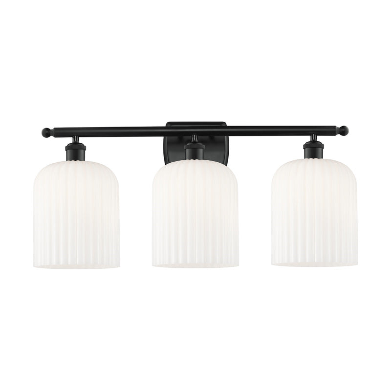 Innovations Bridal Veil 25in 3-Light Bath Vanity Light | Industrial Matte Black Steel and Gloss White Ribbed Glass | Bathroom | Model 516-3W-BK-G559-8GWH