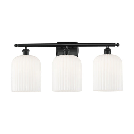 Innovations Bridal Veil 25in 3-Light Bath Vanity Light | Industrial Matte Black Steel and Gloss White Ribbed Glass | Bathroom | Model 516-3W-BK-G559-8GWH