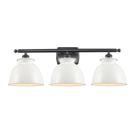 Innovations Adirondack 28in 3-Light Bath Vanity Light | Industrial Farmhouse Matte Black Steel and Glossy White Metal Shade | Model 516-3W-BK-M14-W