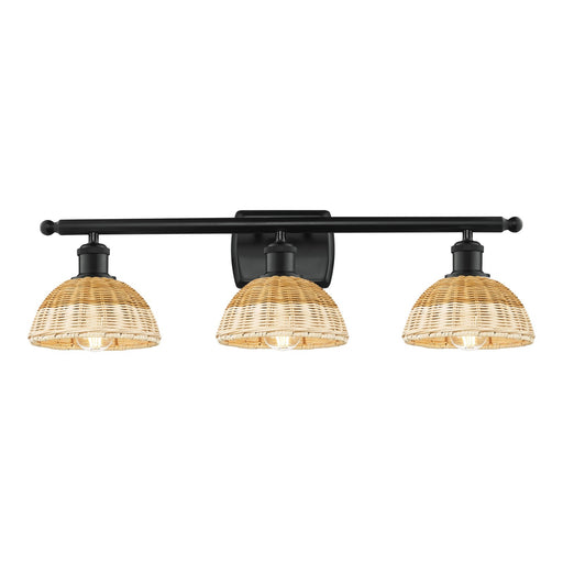 Innovations Bristol Natural II 28in 3-Light Bath Vanity Light | Industrial Matte Black Steel and Natural Fiber Shade | Model 516-3W-BK-NBD2-75-NAT