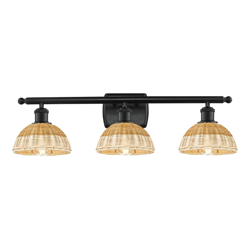 Innovations Bristol Natural II 28in 3-Light Bath Vanity Light | Industrial Matte Black Steel and Natural Fiber Shade | Model 516-3W-BK-NBD2-75-NAT