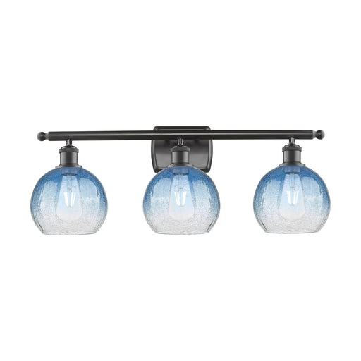 Innovations Brookhaven Globe 28in 3-Light Bath Vanity Light | Industrial Oil Rubbed Bronze Steel and Sapphire Blue Glass | Damp | Model 516-3W-OB-G483-8SB