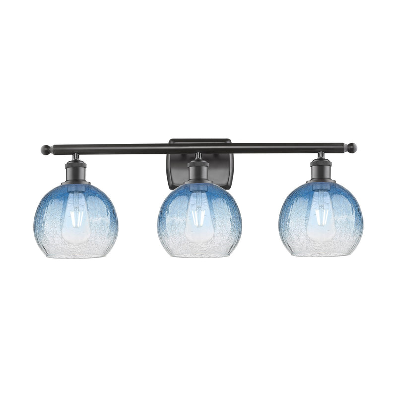 Innovations Brookhaven Globe 28in 3-Light Bath Vanity Light | Industrial Oil Rubbed Bronze Steel and Sapphire Blue Glass | Damp | Model 516-3W-OB-G483-8SB