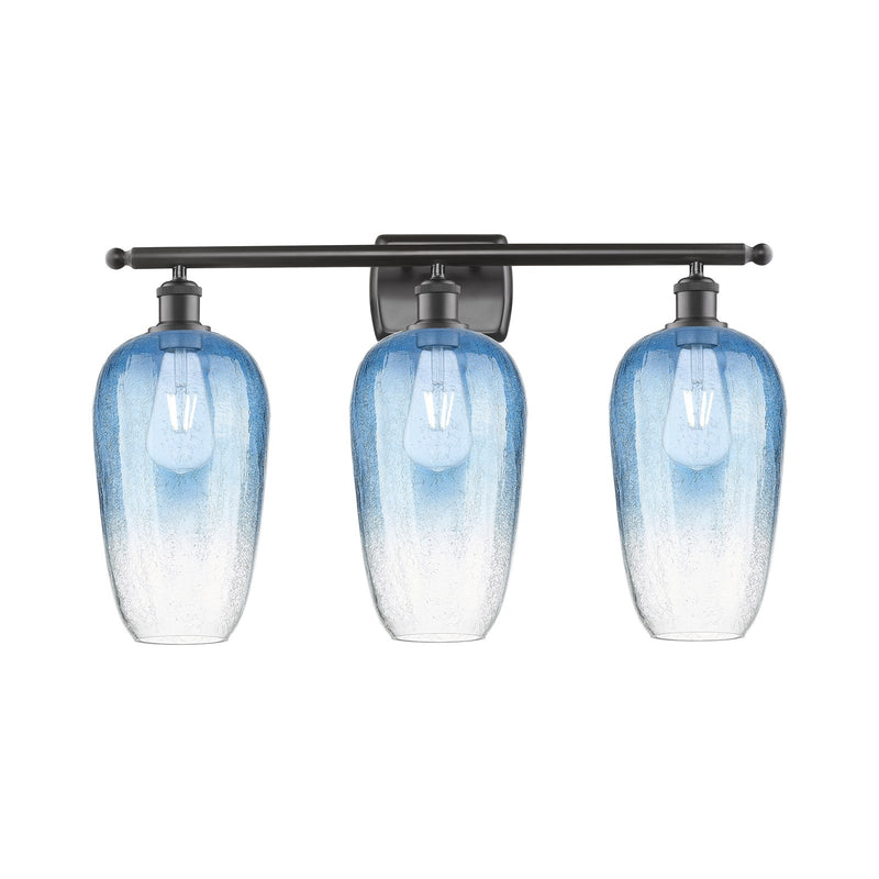 Innovations Brookhaven Flute 27in 3-Light Bath Vanity Light | Industrial Oil Rubbed Bronze Steel and Sapphire Blue Glass | Model 516-3W-OB-G484-7SB