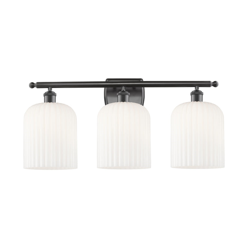 Innovations Bridal Veil 25in 3-Light Bath Vanity Light | Industrial Oil Rubbed Bronze and Gloss White Ribbed Glass | Bathroom | Model 516-3W-OB-G559-8GWH