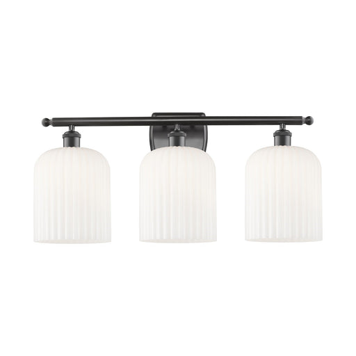 Innovations Bridal Veil 25in 3-Light Bath Vanity Light | Industrial Oil Rubbed Bronze and Gloss White Ribbed Glass | Bathroom | Model 516-3W-OB-G559-8GWH