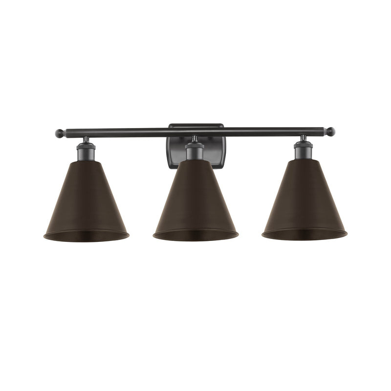 Innovations Berkshire 28in 3-Light Bath Vanity Light | Industrial Oil Rubbed Bronze Steel and Cast Brass Metal Cone Shade | Model 516-3W-OB-MBC-8-OB
