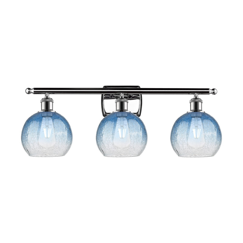 Innovations Brookhaven Globe 28in 3-Light Bath Vanity Light | Industrial Modern Polished Chrome and Sapphire Blue Glass | Model 516-3W-PC-G483-8SB