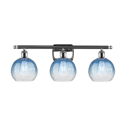 Innovations Brookhaven Globe 28in 3-Light Bath Vanity Light | Industrial Modern Polished Chrome and Sapphire Blue Glass | Model 516-3W-PC-G483-8SB