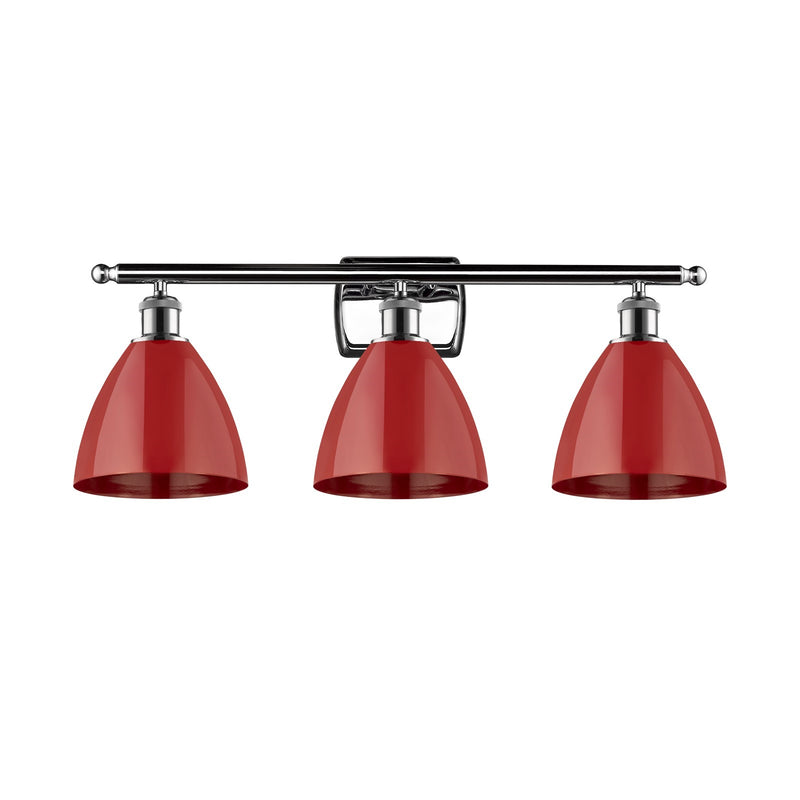 Innovations Plymouth 28in 3-Light Bath Vanity Light | Industrial Farmhouse Polished Chrome and Matte Red Metal Cone Shade | Model 516-3W-PC-MBD-75-RD-LED