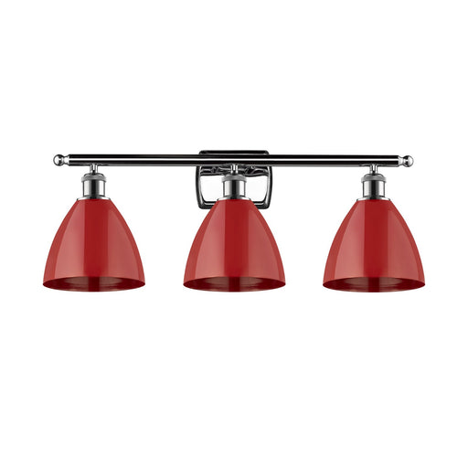 Innovations Plymouth 28in 3-Light Bath Vanity Light | Industrial Farmhouse Polished Chrome and Matte Red Metal Cone Shade | Model 516-3W-PC-MBD-75-RD-LED