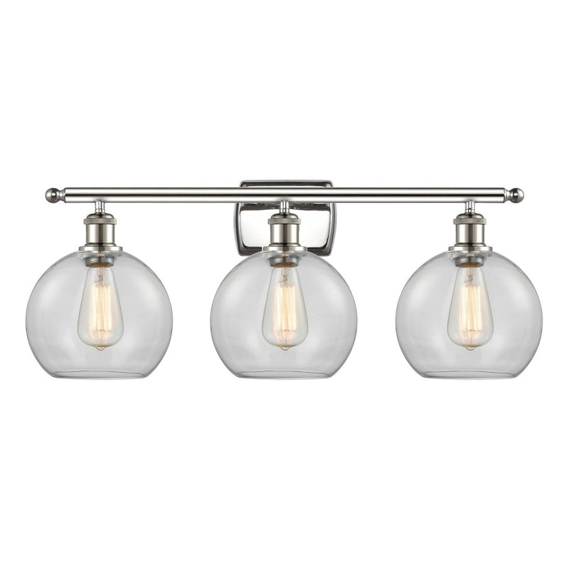 Innovations Athens 28in 3-Light Bath Vanity | Polished Nickel Steel and Cast Brass with Clear Glass Shades | Bathroom Vanity | Model 516-3W-PN-G122-8-LED