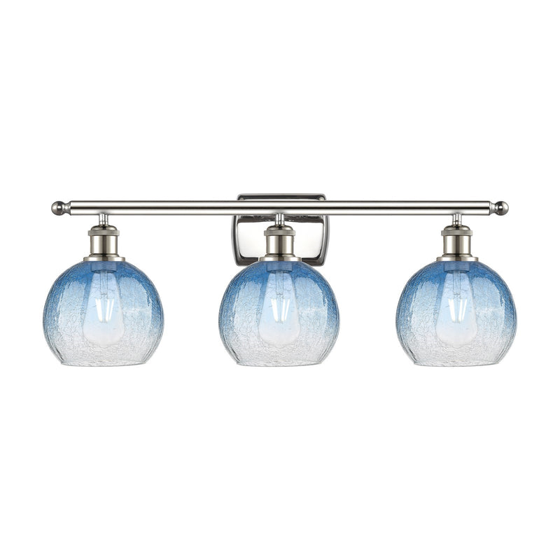 Innovations Brookhaven Globe 28in 3-Light Bath Vanity Light | Industrial Polished Nickel Steel and Sapphire Blue Glass | Model 516-3W-PN-G483-8SB