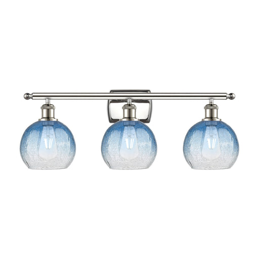 Innovations Brookhaven Globe 28in 3-Light Bath Vanity Light | Industrial Polished Nickel Steel and Sapphire Blue Glass | Model 516-3W-PN-G483-8SB