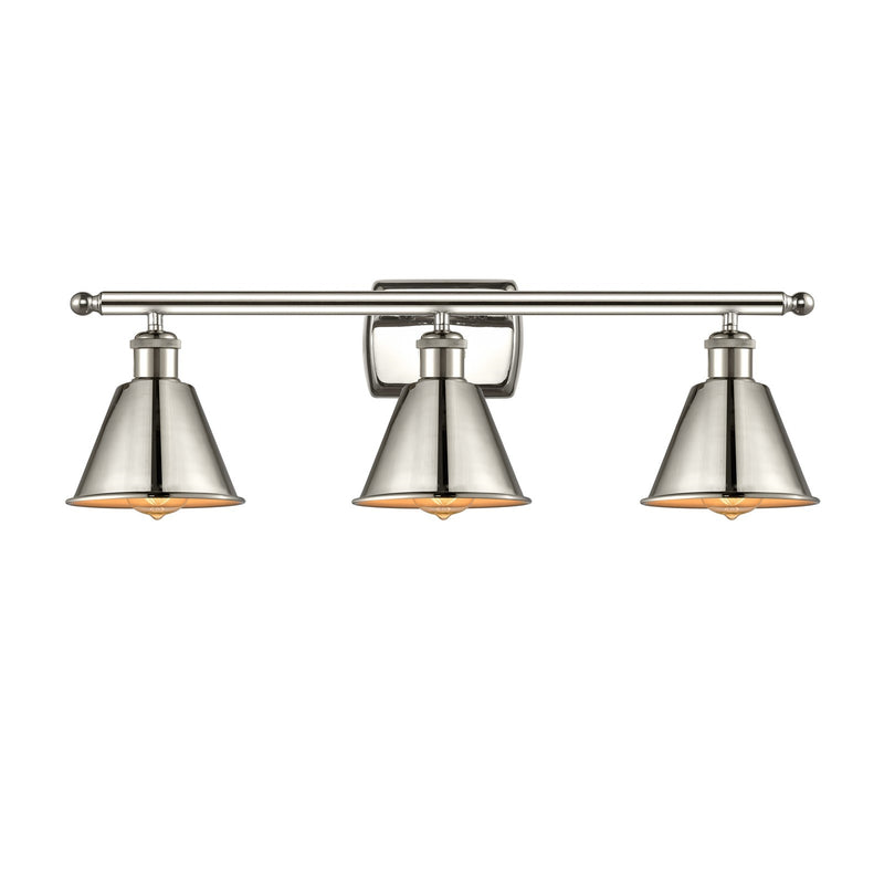 Innovations Smithfield 27in 3-Light Bath Vanity Light | Industrial Polished Nickel Steel and Polished Nickel Metal Shade | Model 516-3W-PN-M8-LED