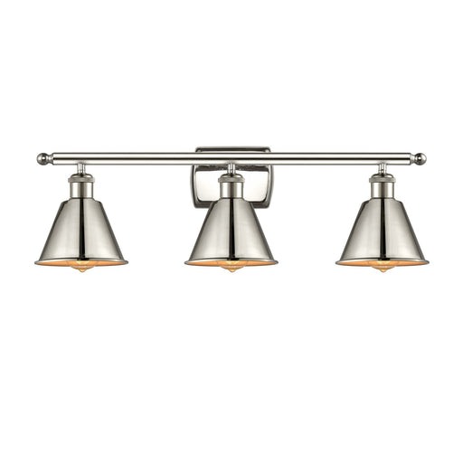 Innovations Smithfield 27in 3-Light Bath Vanity Light | Industrial Polished Nickel Steel and Polished Nickel Metal Shade | Model 516-3W-PN-M8-LED
