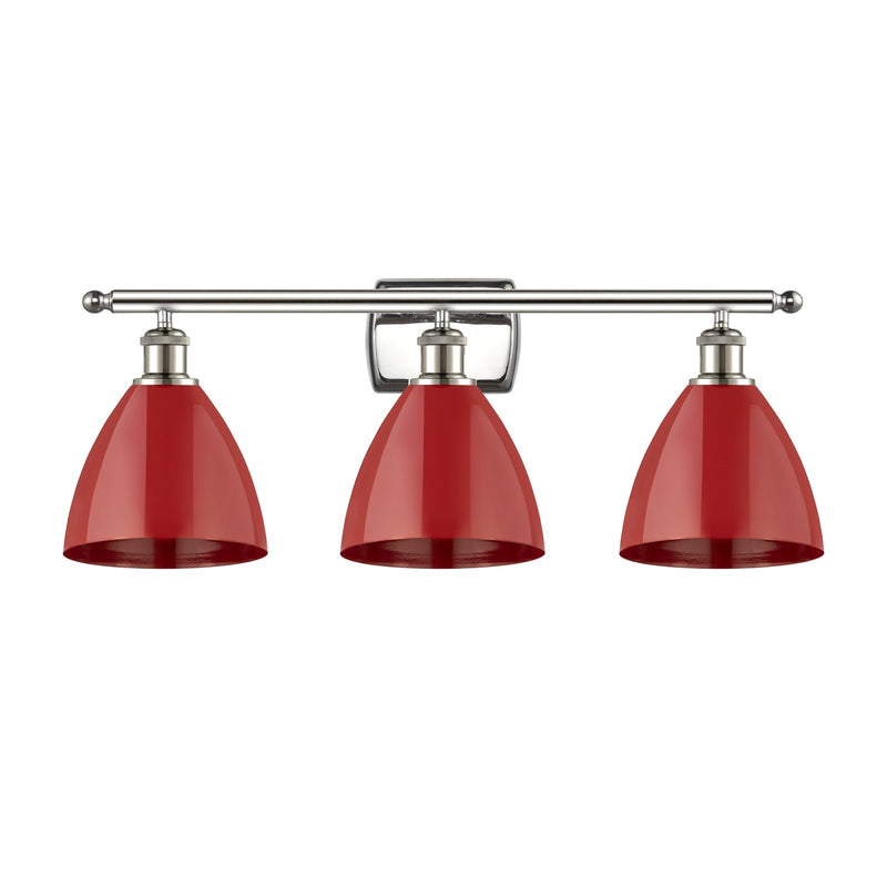 Innovations Plymouth 28in 3-Light Bath Vanity | Industrial Farmhouse Polished Nickel and Matte Red Metal Shade | Bathroom | Model 516-3W-PN-MBD-75-RD-LED