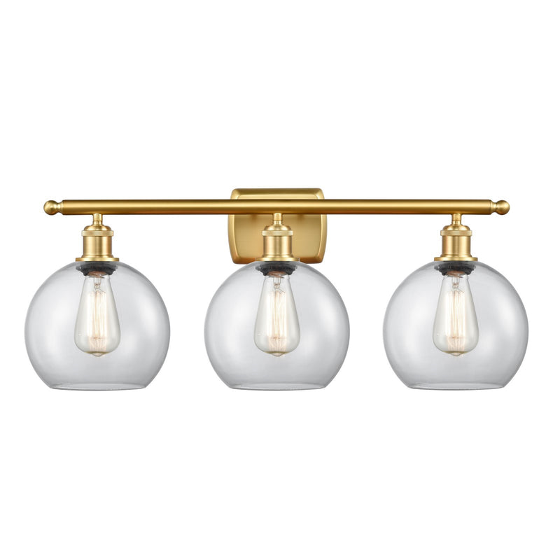 Innovations Athens 28in 3-Light Bath Vanity Light | Industrial Satin Gold Steel and Clear Glass | Damp Rated Bathroom Vanity | Model 516-3W-SG-G122-8-LED