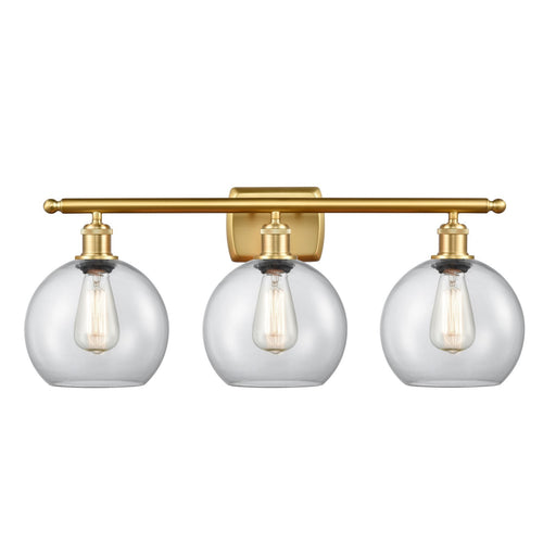 Innovations Athens 28in 3-Light Bath Vanity Light | Industrial Satin Gold Steel and Clear Glass | Damp Rated Bathroom Vanity | Model 516-3W-SG-G122-8-LED