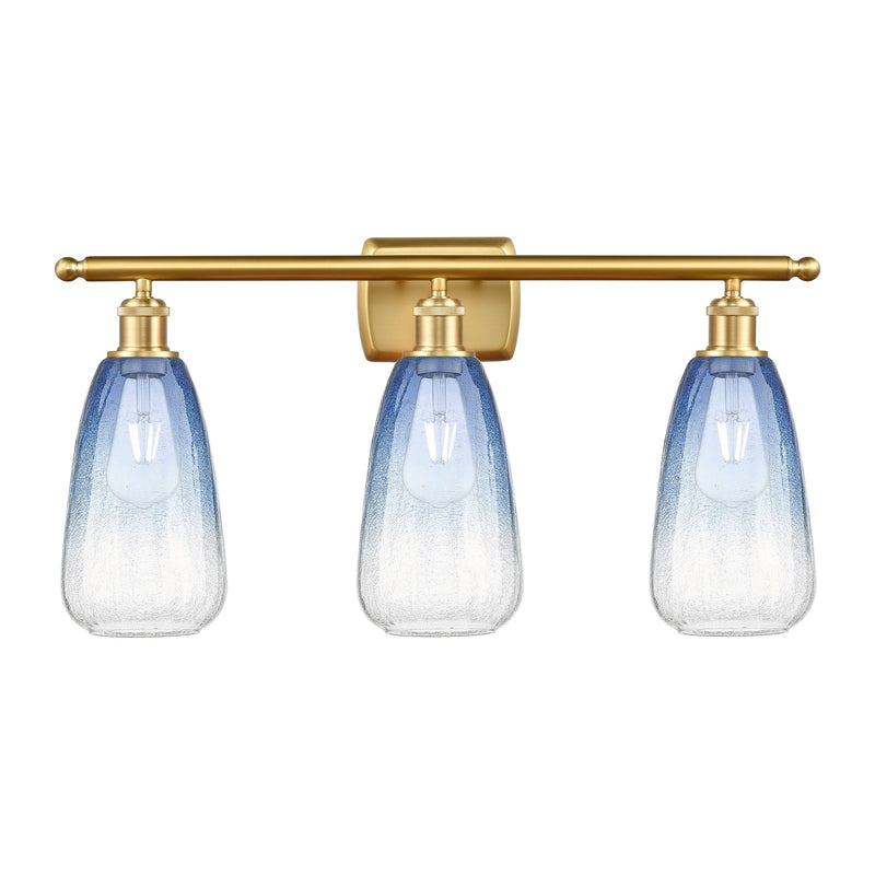 Innovations Brookhaven Almond 26in 3-Light Bath Vanity Light | Industrial Satin Gold Steel and Sapphire Blue Glass | Bathroom | Model 516-3W-SG-G480-6SB