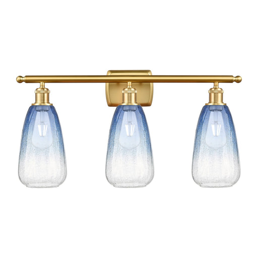 Innovations Brookhaven Almond 26in 3-Light Bath Vanity Light | Industrial Satin Gold Steel and Sapphire Blue Glass | Bathroom | Model 516-3W-SG-G480-6SB