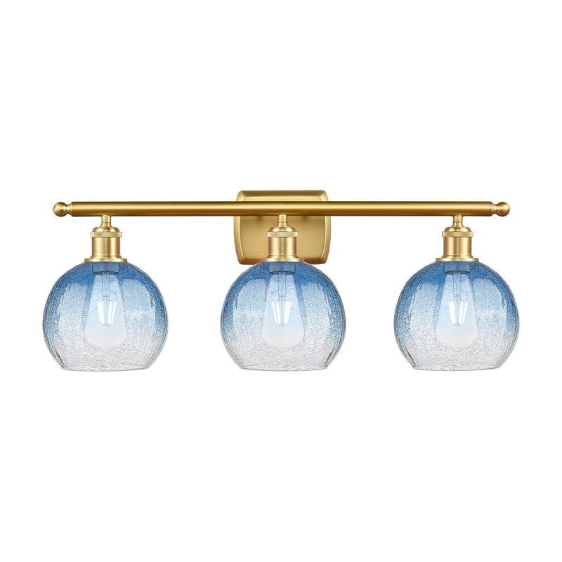 Innovations Brookhaven Globe 28in 3-Light Bath Vanity | Industrial Satin Gold Steel and Sapphire Blue Glass | Bathroom Vanity | Model 516-3W-SG-G483-8SB