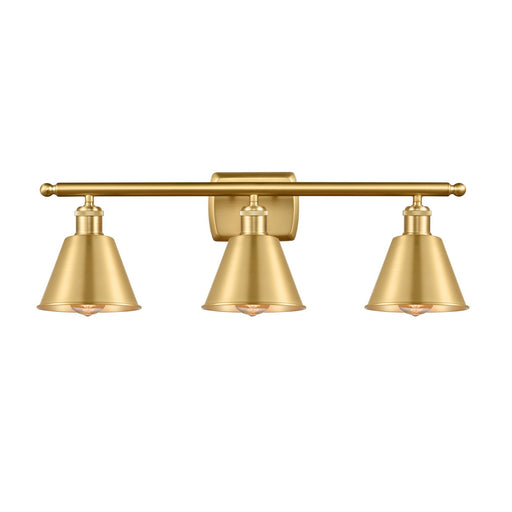 Innovations Smithfield 27in 3-Light Bath Vanity Light | Industrial Farmhouse Satin Gold Steel and Satin Gold Metal Shade | Model 516-3W-SG-M8-LED