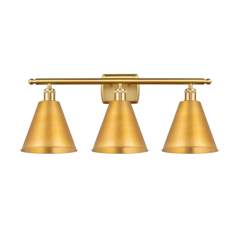 Innovations Berkshire 28in 3-Light Bath Vanity Light | Industrial Farmhouse Satin Gold Steel and Cast Brass with Satin Gold | Model 516-3W-SG-MBC-8-SG-LED