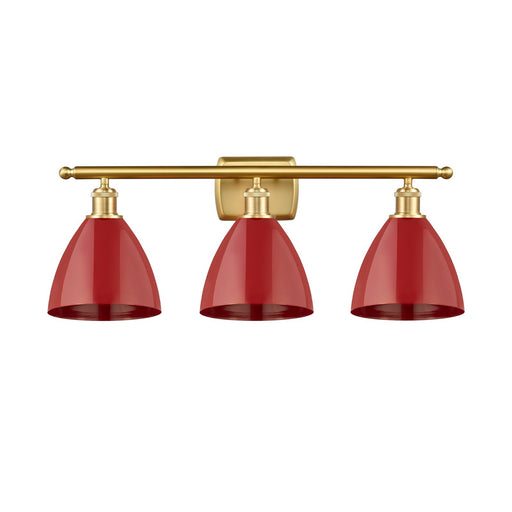 Innovations Plymouth 28in 3-Light Bath Vanity Light | Industrial Farmhouse Satin Gold Steel and Cast Brass with Matte Red | Model 516-3W-SG-MBD-75-RD
