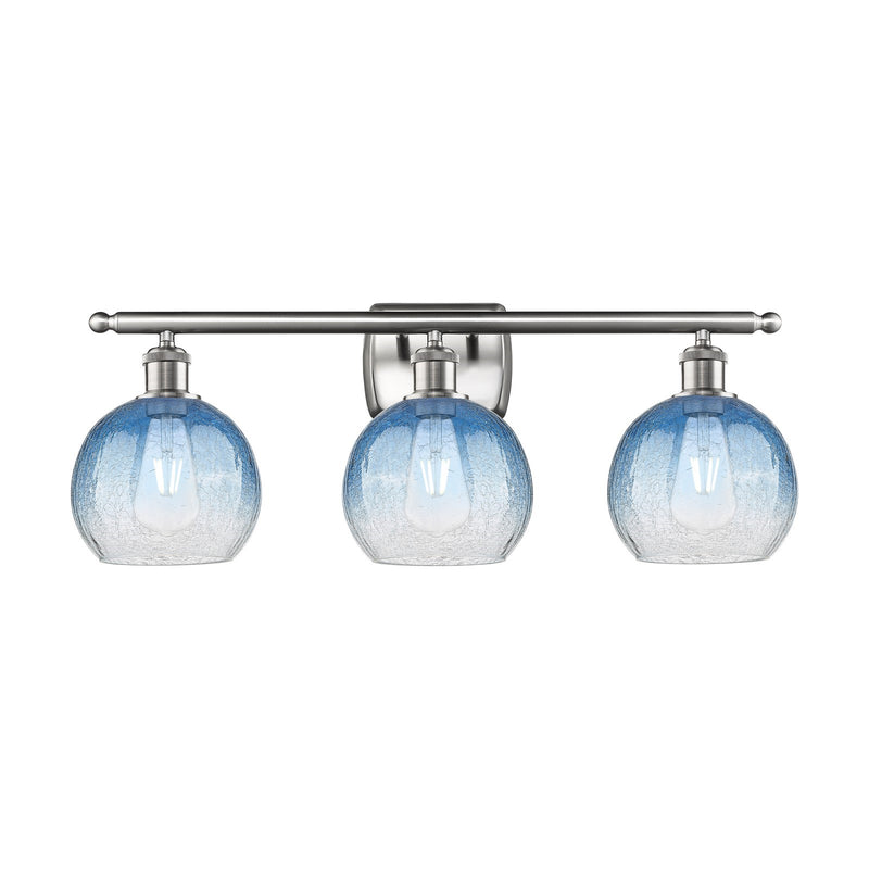 Innovations Brookhaven Globe 28in 3-Light Bath Vanity Light | Industrial Brushed Satin Nickel and Sapphire Blue Glass | Model 516-3W-SN-G483-8SB