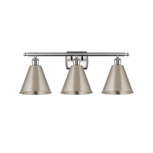 Innovations Berkshire 28in 3-Light Bath Vanity Light | Industrial Farmhouse Brushed Satin Nickel Steel and Metal Shade | Model 516-3W-SN-MBC-8-SN