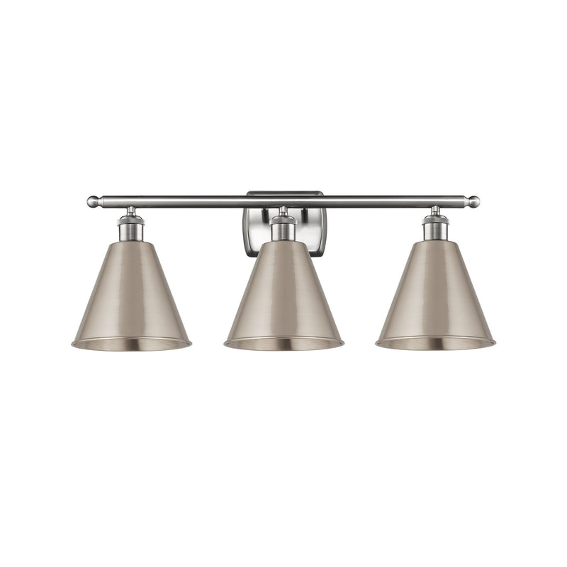 Innovations Berkshire 28in 3-Light Bath Vanity Light | Industrial Farmhouse Brushed Satin Nickel Steel and Metal Shade | Model 516-3W-SN-MBC-8-SN-LED