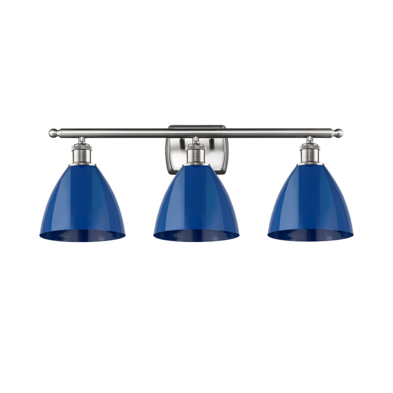 Innovations Plymouth 28in 3-Light Bath Vanity Light | Industrial Farmhouse Brushed Satin Nickel and Matte Blue Metal Shade | Model 516-3W-SN-MBD-75-BL-LED