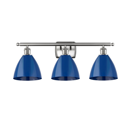 Innovations Plymouth 28in 3-Light Bath Vanity Light | Industrial Farmhouse Brushed Satin Nickel and Matte Blue Metal Shade | Model 516-3W-SN-MBD-75-BL-LED