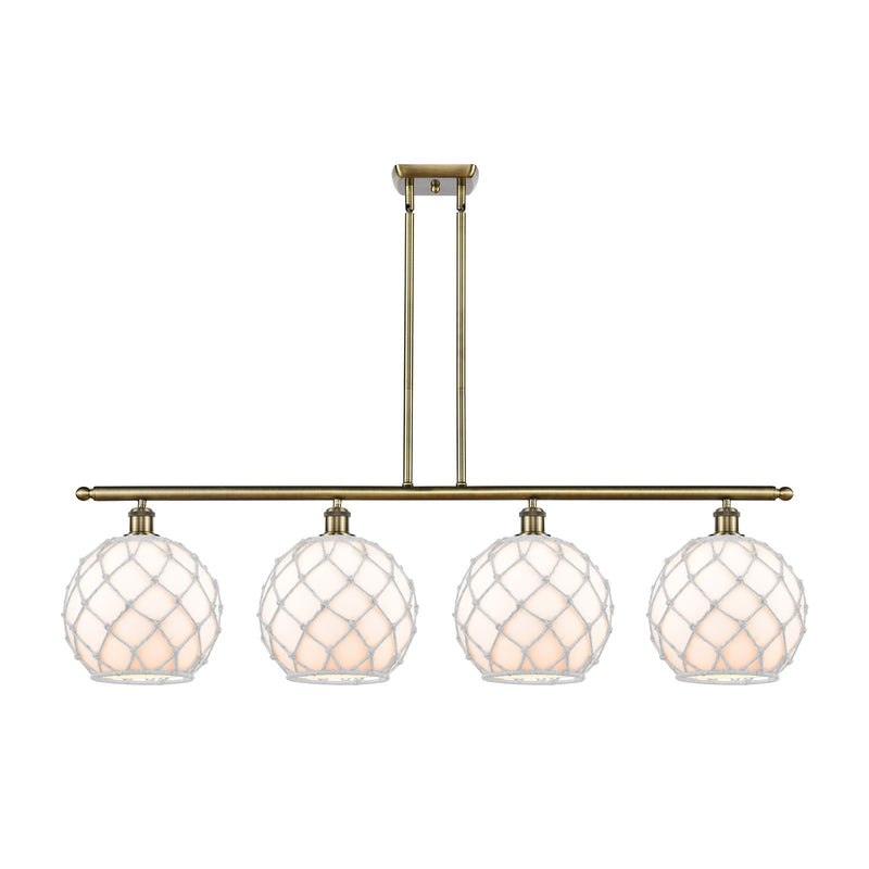 Innovations Farmhouse Rope 48in 4-Light Island Light | Industrial Antique Brass Steel and White Glass with Rope | Kitchen | Model 516-4I-AB-G121-10RW