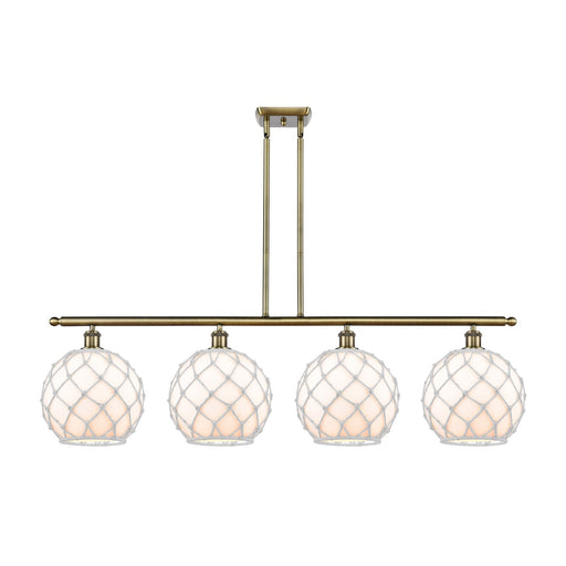 Innovations Farmhouse Rope 48in 4-Light Island Light | Industrial Antique Brass Steel and White Glass with Rope | Kitchen | Model 516-4I-AB-G121-10RW