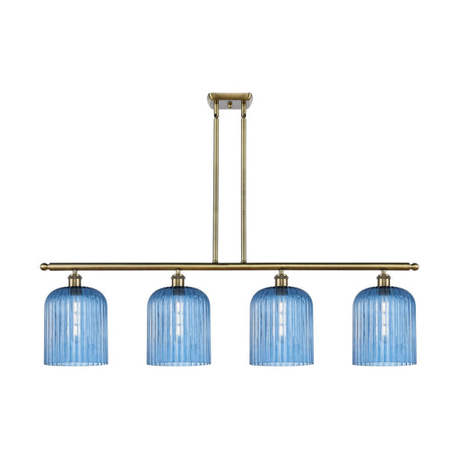 Innovations Bridal Veil 48in 4-Light Island Light | Art Nouveau Antique Brass Steel and Princess Blue Ribbed Glass | Kitchen | Model 516-4I-AB-G559-8BL