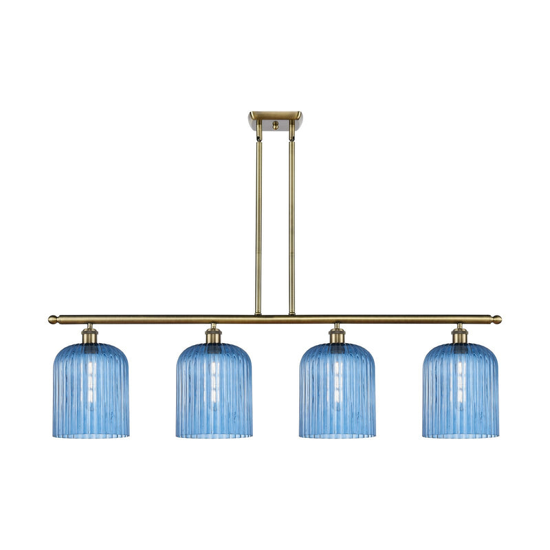 Innovations Bridal Veil 48in 4-Light Island Light | Art Nouveau Antique Brass Steel and Princess Blue Ribbed Glass | Kitchen | Model 516-4I-AB-G559-8BL