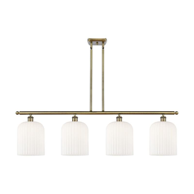 Innovations Bridal Veil 48in 4-Light Island Light | Art Nouveau Industrial Antique Brass and Gloss White Ribbed Glass | Model 516-4I-AB-G559-8GWH