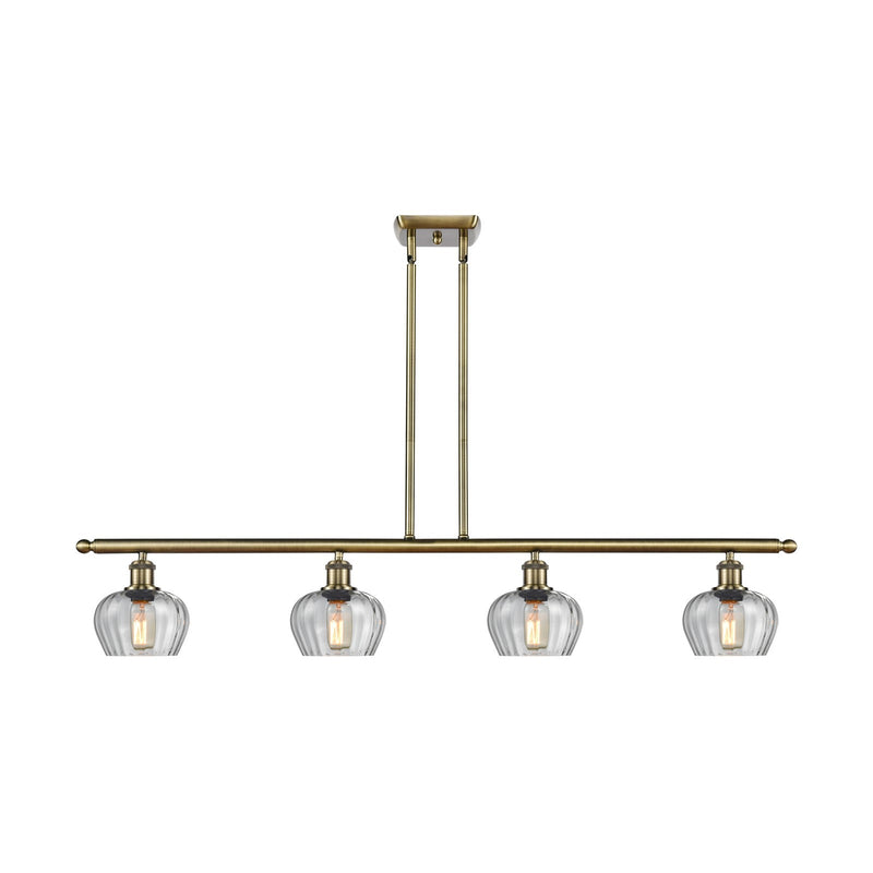 Innovations Fenton 48in 4-Light Island Light | Industrial Antique Brass Steel and Clear Ribbed Glass | Kitchen Island & Dining Room | Model 516-4I-AB-G92