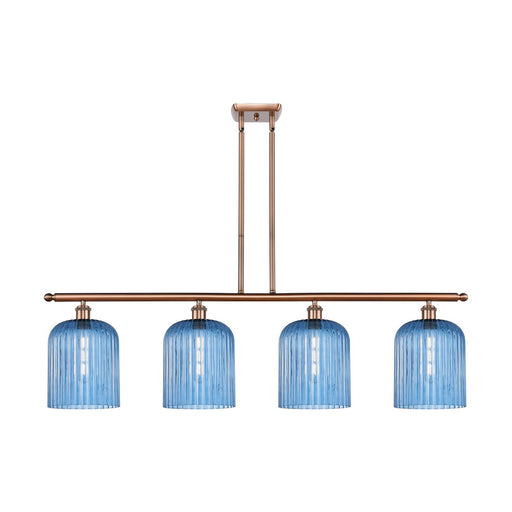 Innovations Bridal Veil 48in 4-Light Island Light | Art Nouveau Industrial Antique Copper Steel and Princess Blue Ribbed Glass | Model 516-4I-AC-G559-8BL
