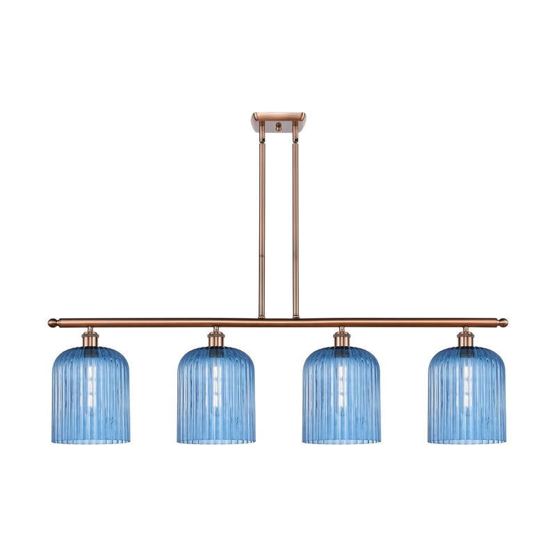 Innovations Bridal Veil 48in 4-Light Island Light | Art Nouveau Industrial Antique Copper Steel and Princess Blue Ribbed Glass | Model 516-4I-AC-G559-8BL
