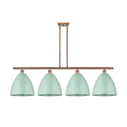 Innovations Plymouth 50in 4-Light Island Light | Industrial Antique Copper Metal and Matte Seafoam Metal Shade | Kitchen | Model 516-4I-AC-MBD-12-SF-LED