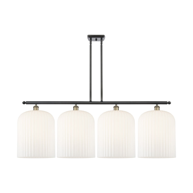Innovations Bridal Veil 48in 4-Light Island Light | Art Nouveau Industrial Black Antique Brass and Gloss White Ribbed Glass | Model 516-4I-BAB-G559-12GWH