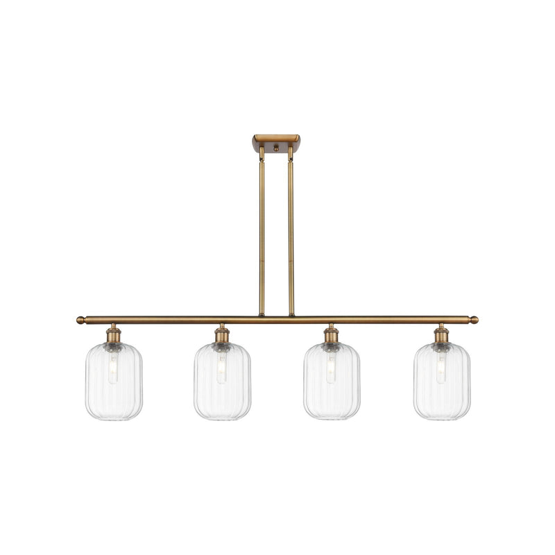 Innovations Preston Cylinder 48in 4-Light Island Light | Industrial Brushed Brass Steel and Clear Glass | Kitchen Island & | Model 516-4I-BB-G460-7CL
